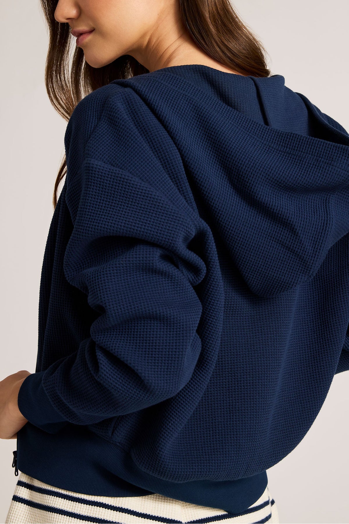 Waffle Knit Zip-Up Hoodie in Navy