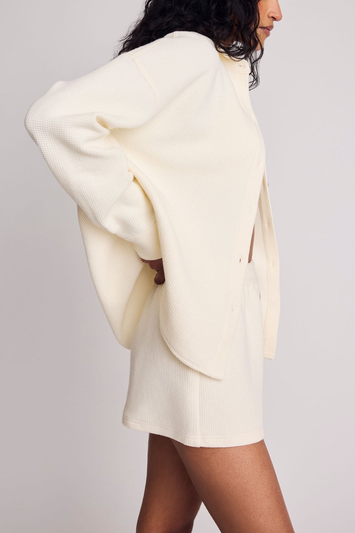 Waffle Knit Shirt Jacket in Cream